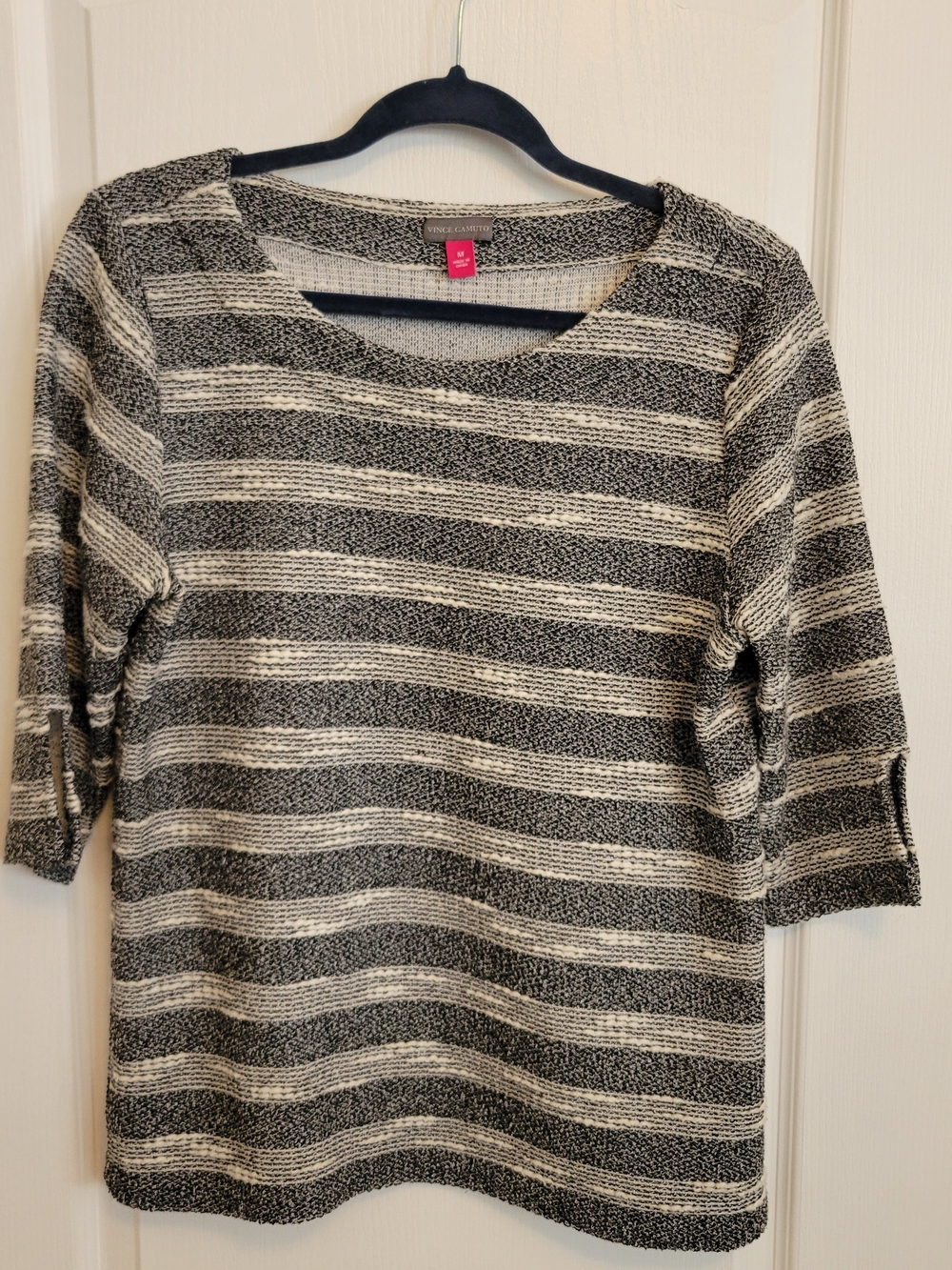 Vince Camuto Black and White Striped Scoop Neck Sweater